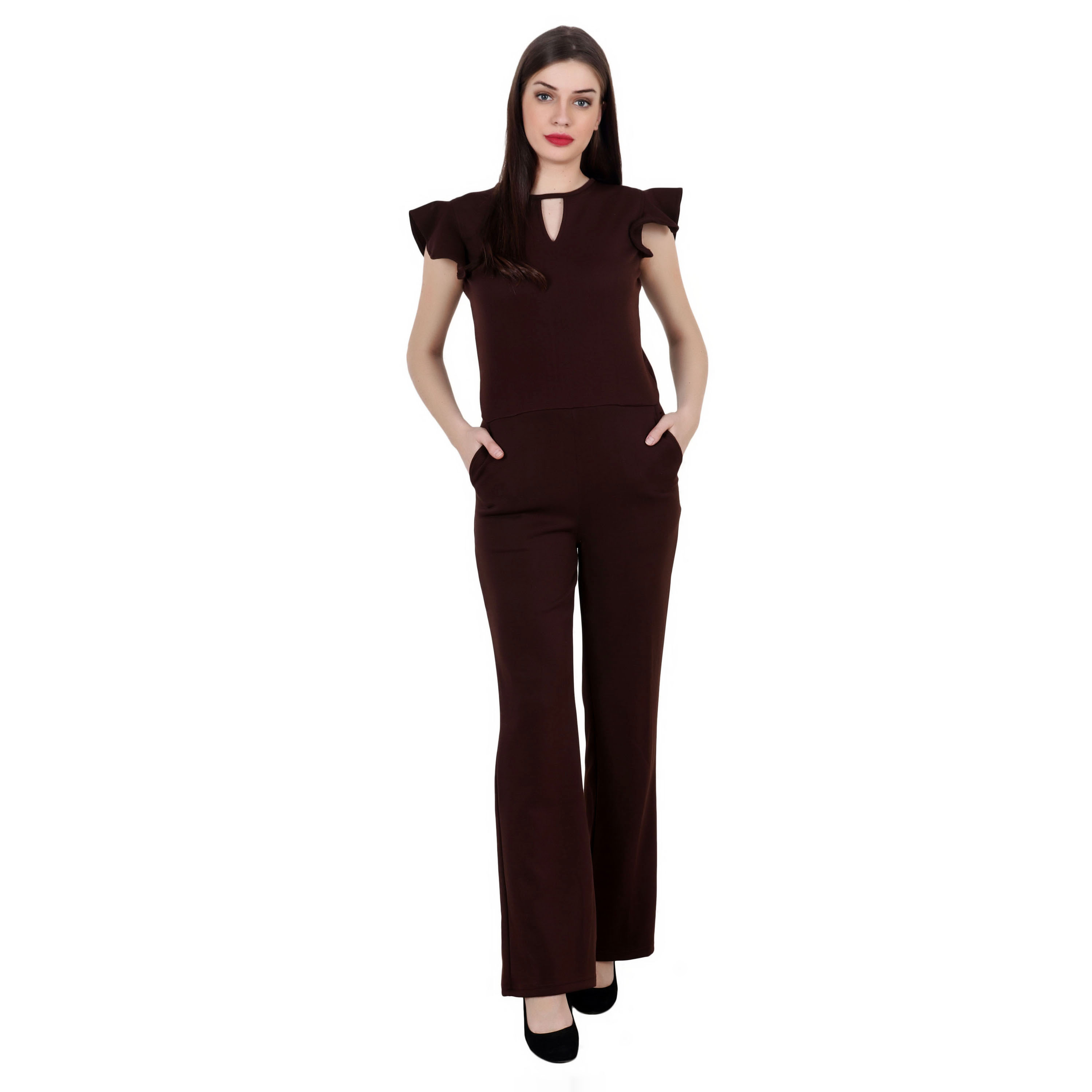 BROWN V-CUT RUFFLE SLEEVE JUMPSUIT